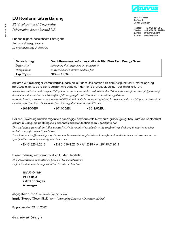 EU Declaration of Conformity | Permanent Flow Measurement Transmitter – without Modem – NivuFlow 7xx /Energy Saver