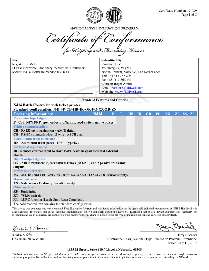 N414 NTEP Certificate 17-089