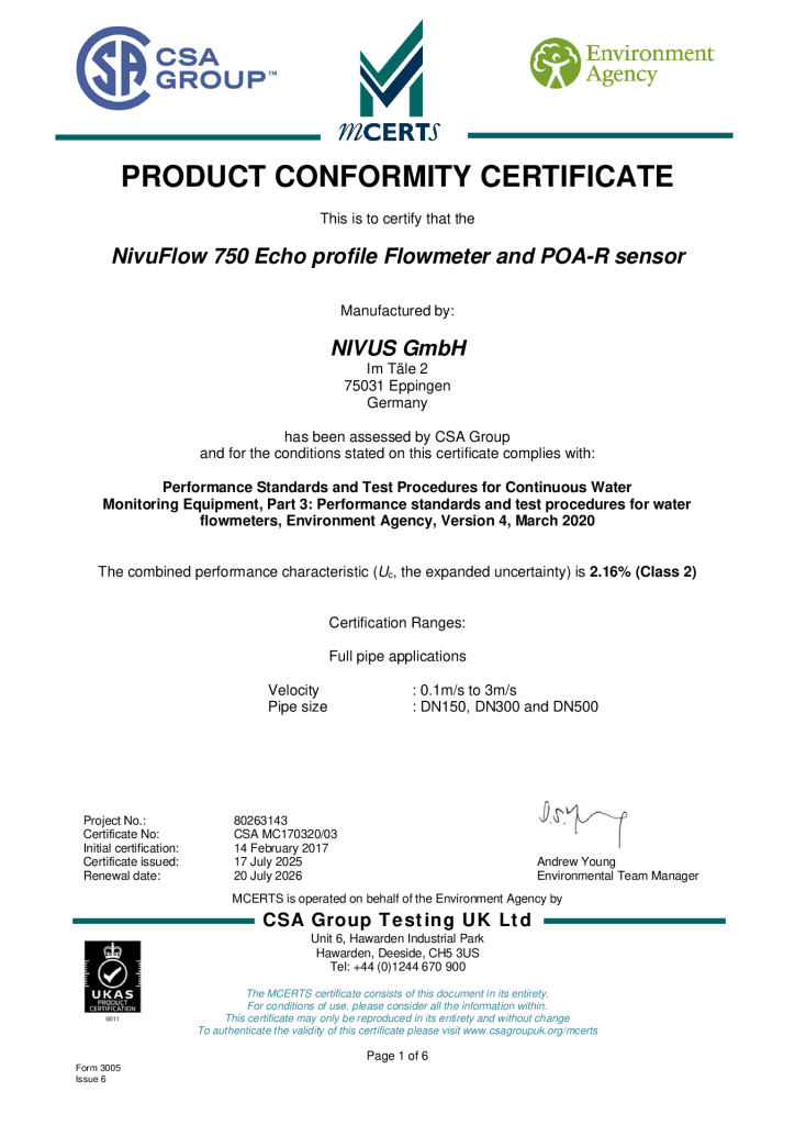 MCERT | NivuFlow 750 Echo Profile Flowmeter and POA-R sensor