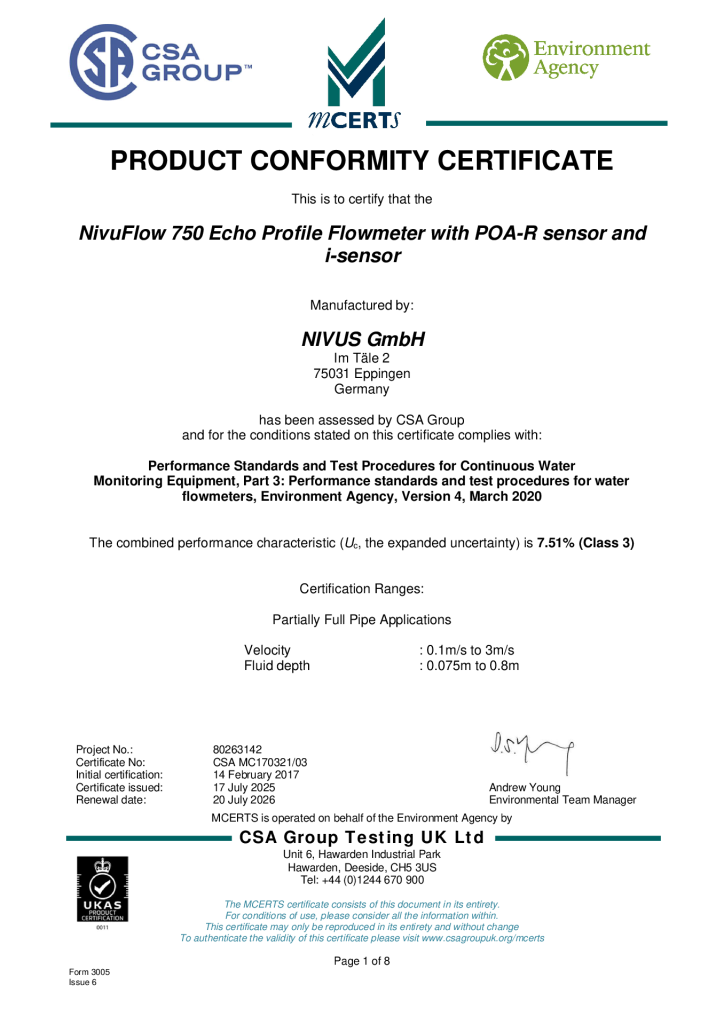 MCERT | NivuFlow 750 Echo Profile Flowmeter with POA-R sensor and i-Sensor
