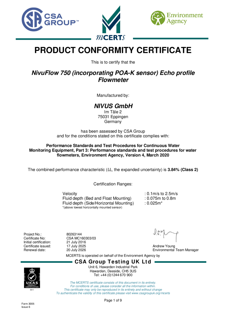 MCERT | NivuFlow 750 (incorporating POA-K sensor) Echo Profile Flowmeter